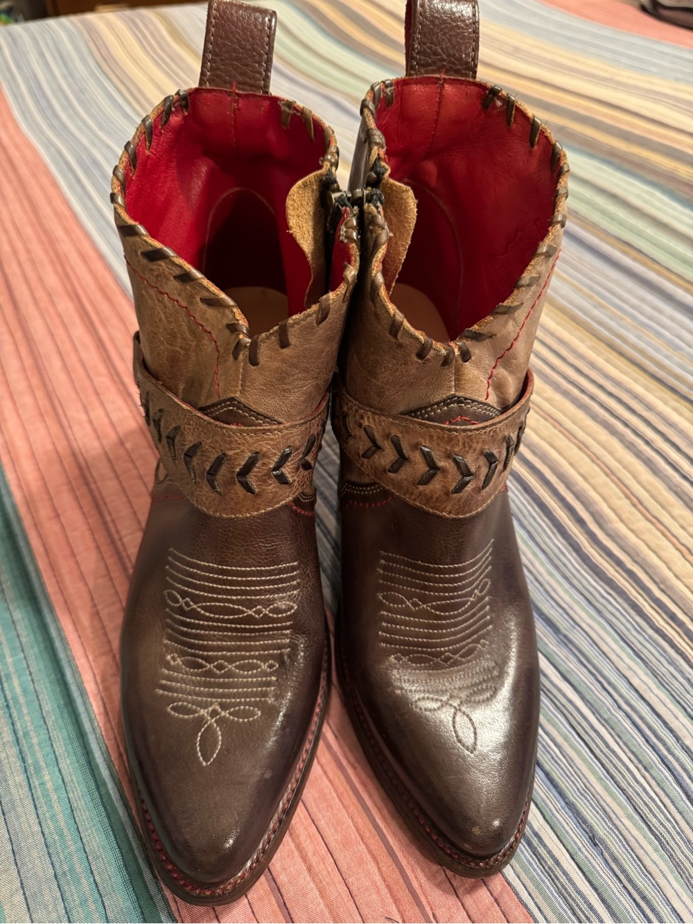 Bed Stu Brown Leather Western Ankle Booties with Red Interior